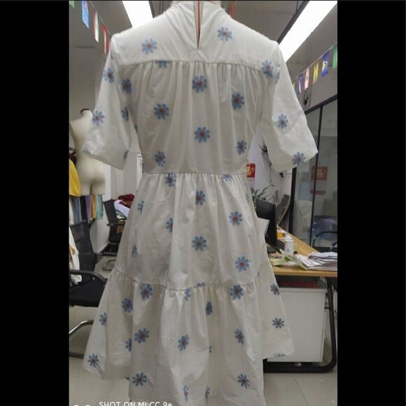 White & Blue Daisy Embroidered Poplin babydoll Mini Dress size S summer dress - Picture 4 of 5